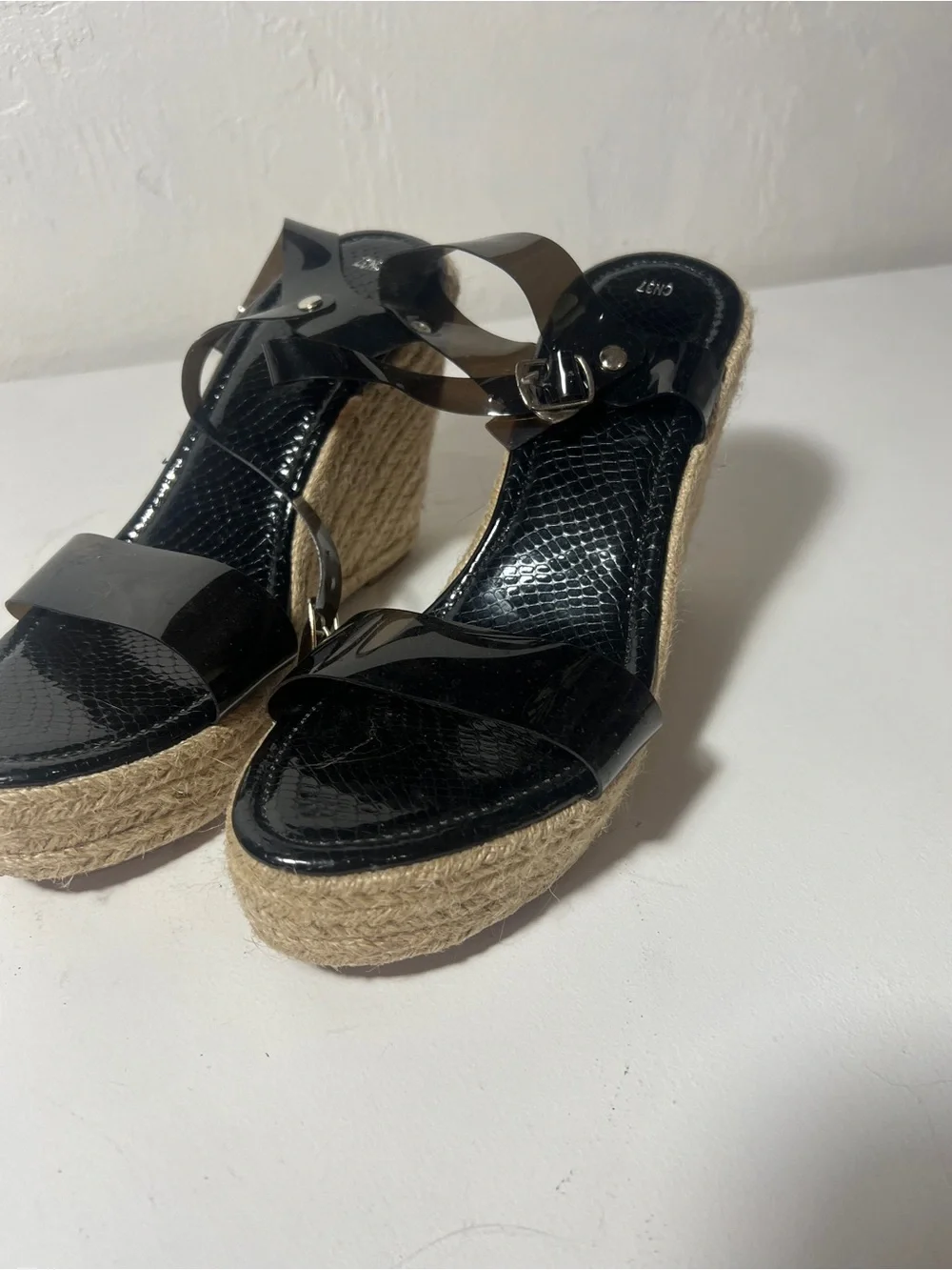 Black Espadrille Wedge Sandals with Jelly Ankle Strap